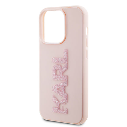 Étui pour Apple iPhone 15 Pro, Karl Lagerfeld, Logo Karl en caoutchouc pailleté 3D, Rose