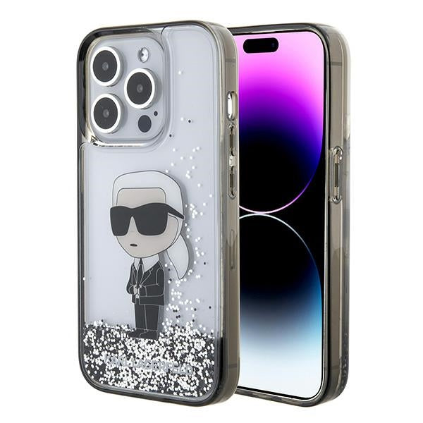 Housse pour Apple iPhone 15 Pro, Karl Lagerfeld, Liquid Glitter Ikonik Karl, Transparente