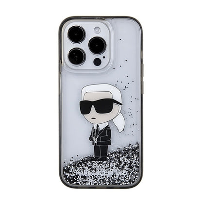 Housse pour Apple iPhone 15 Pro, Karl Lagerfeld, Liquid Glitter Ikonik Karl, Transparente