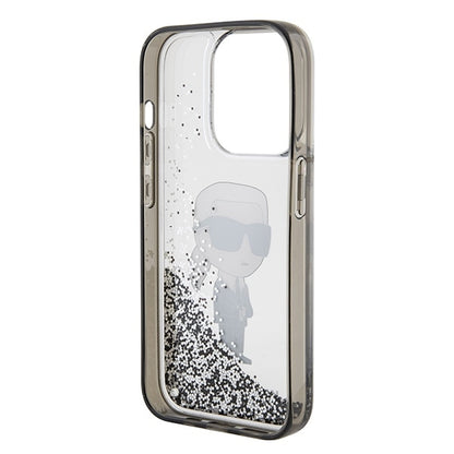 Housse pour Apple iPhone 15 Pro, Karl Lagerfeld, Liquid Glitter Ikonik Karl, Transparente