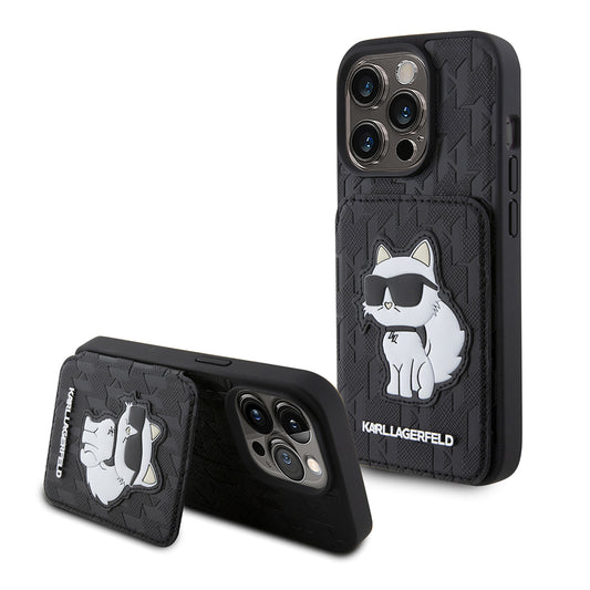 Étui pour Apple iPhone 15 Pro, Karl Lagerfeld, Saffiano Cardslots and Stand Monogram Choupette, Noir