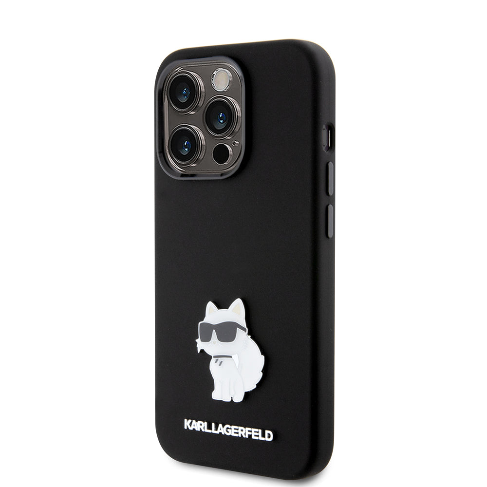 Étui pour Apple iPhone 15 Pro, Karl Lagerfeld, Silicone Choupette Metal, Noir