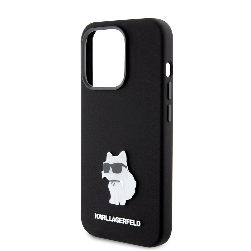 Étui pour Apple iPhone 15 Pro, Karl Lagerfeld, Silicone Choupette Metal, Noir
