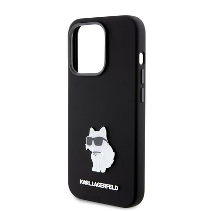 Étui pour Apple iPhone 15 Pro, Karl Lagerfeld, Silicone Choupette Metal, Noir