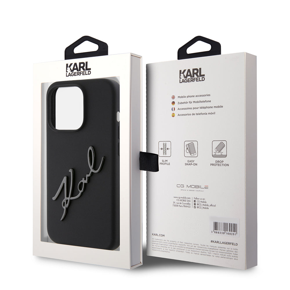 Housse pour Apple iPhone 15 Pro, Karl Lagerfeld, Silicone Karl Script, Noire