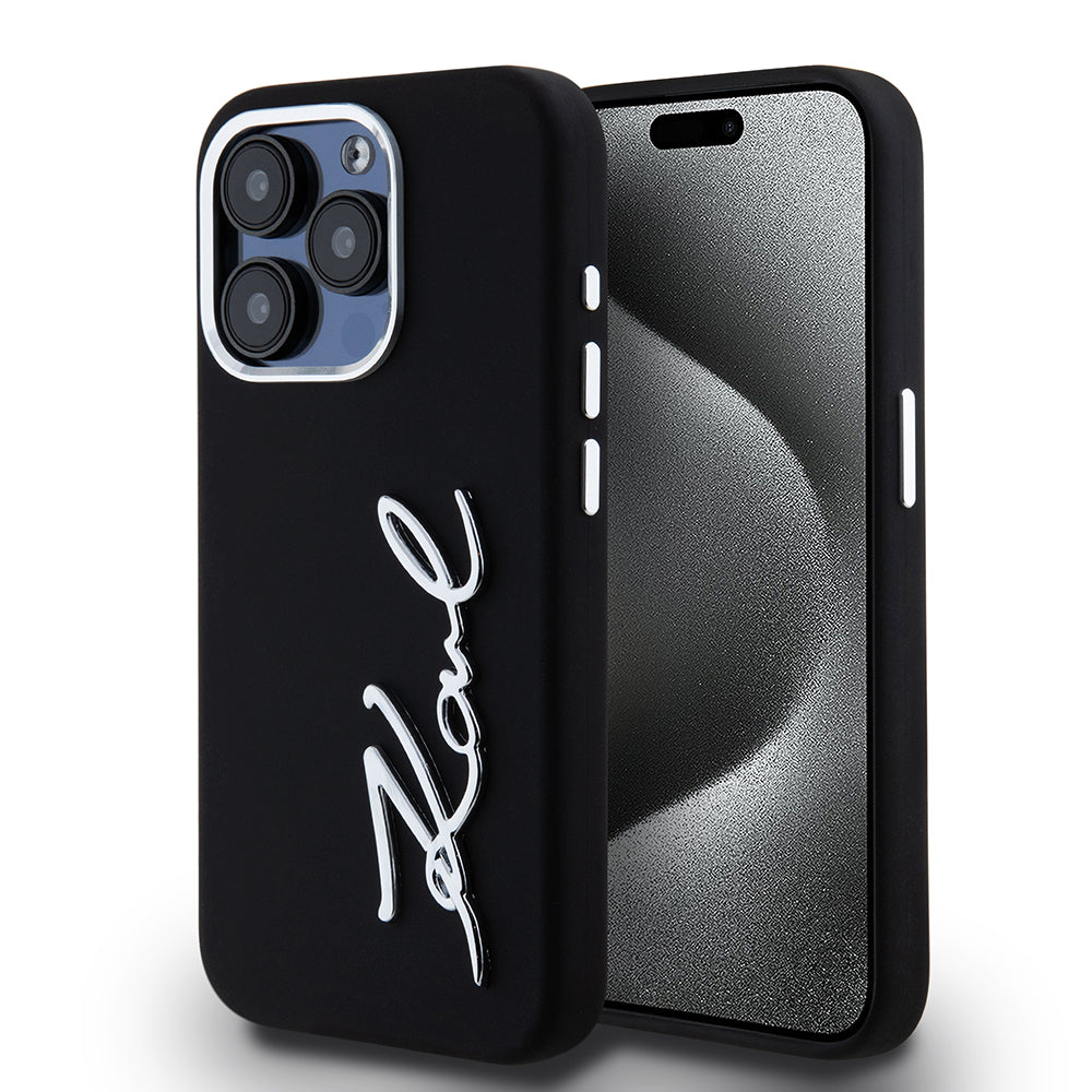 Étui pour Apple iPhone 15 Pro, Karl Lagerfeld, Logo Script Métal Silicone, Noir