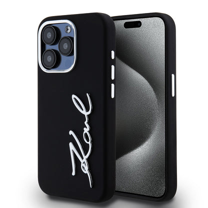Étui pour Apple iPhone 15 Pro, Karl Lagerfeld, Logo Script Métal Silicone, Noir