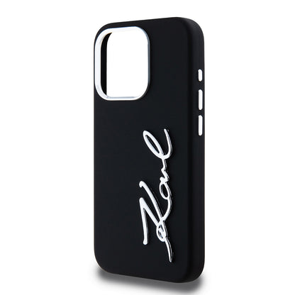 Étui pour Apple iPhone 15 Pro, Karl Lagerfeld, Logo Script Métal Silicone, Noir