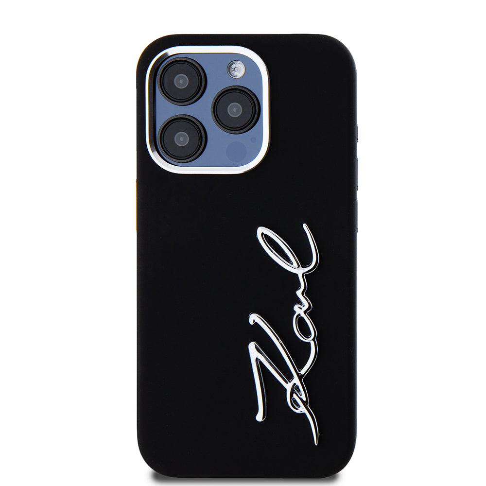 Étui pour Apple iPhone 15 Pro, Karl Lagerfeld, Logo Script Métal Silicone, Noir