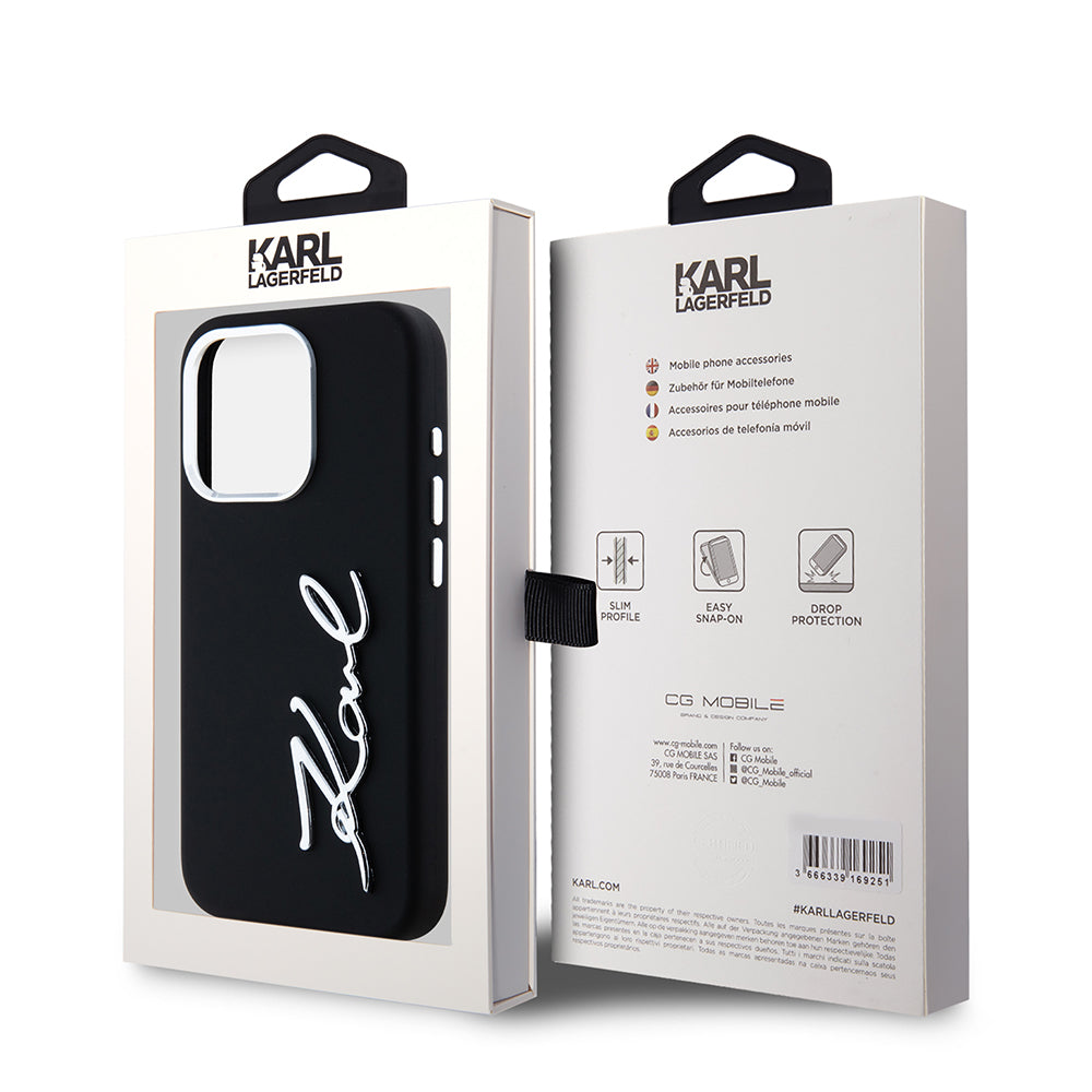 Étui pour Apple iPhone 15 Pro, Karl Lagerfeld, Logo Script Métal Silicone, Noir