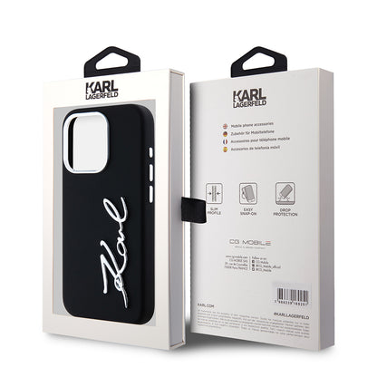 Étui pour Apple iPhone 15 Pro, Karl Lagerfeld, Logo Script Métal Silicone, Noir