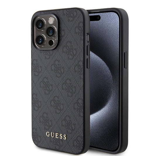 Étui pour Apple iPhone 15 Pro Max, Guess, logo métallique doré 4G, Gris