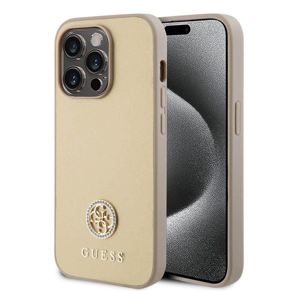 Étui pour Apple iPhone 15 Pro Max, Guess, Logo Métal Strass 4G, Doré