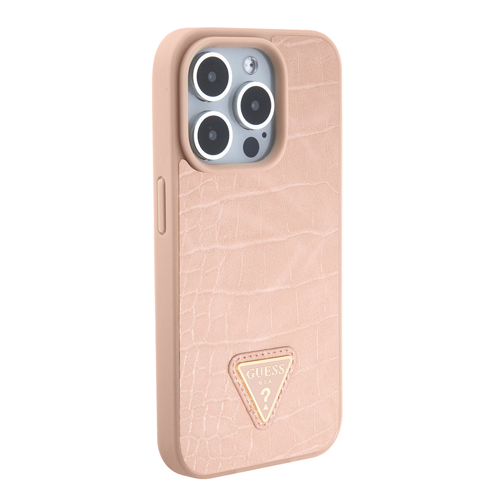 Étui pour Apple iPhone 15 Pro Max, Guess, Croco Triangle Metal Logo, Rose