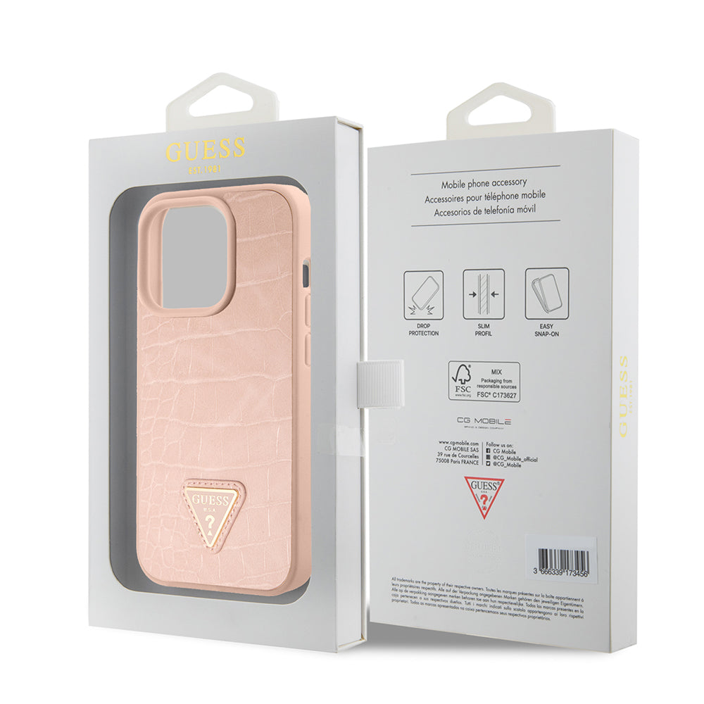 Étui pour Apple iPhone 15 Pro Max, Guess, Croco Triangle Metal Logo, Rose