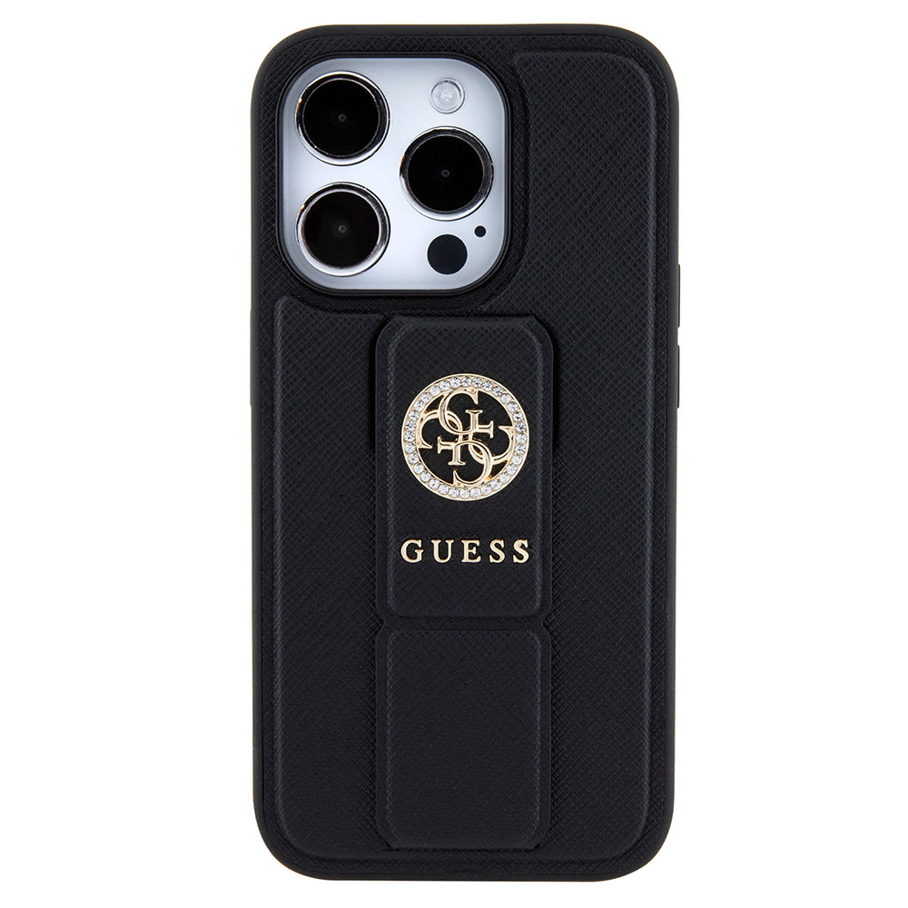 Étui pour Apple iPhone 15 Pro Max, Guess, Grip Stand 4G Saffiano Strass, Noir