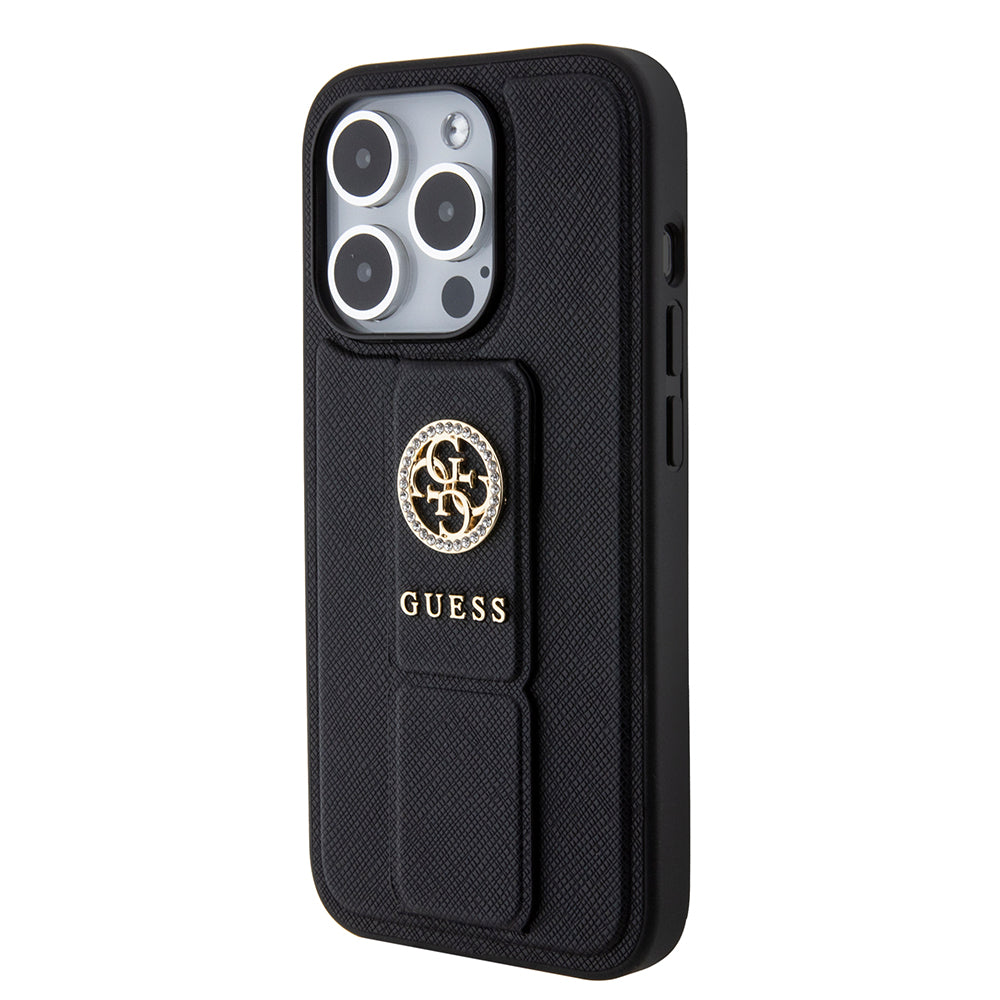 Étui pour Apple iPhone 15 Pro Max, Guess, Grip Stand 4G Saffiano Strass, Noir