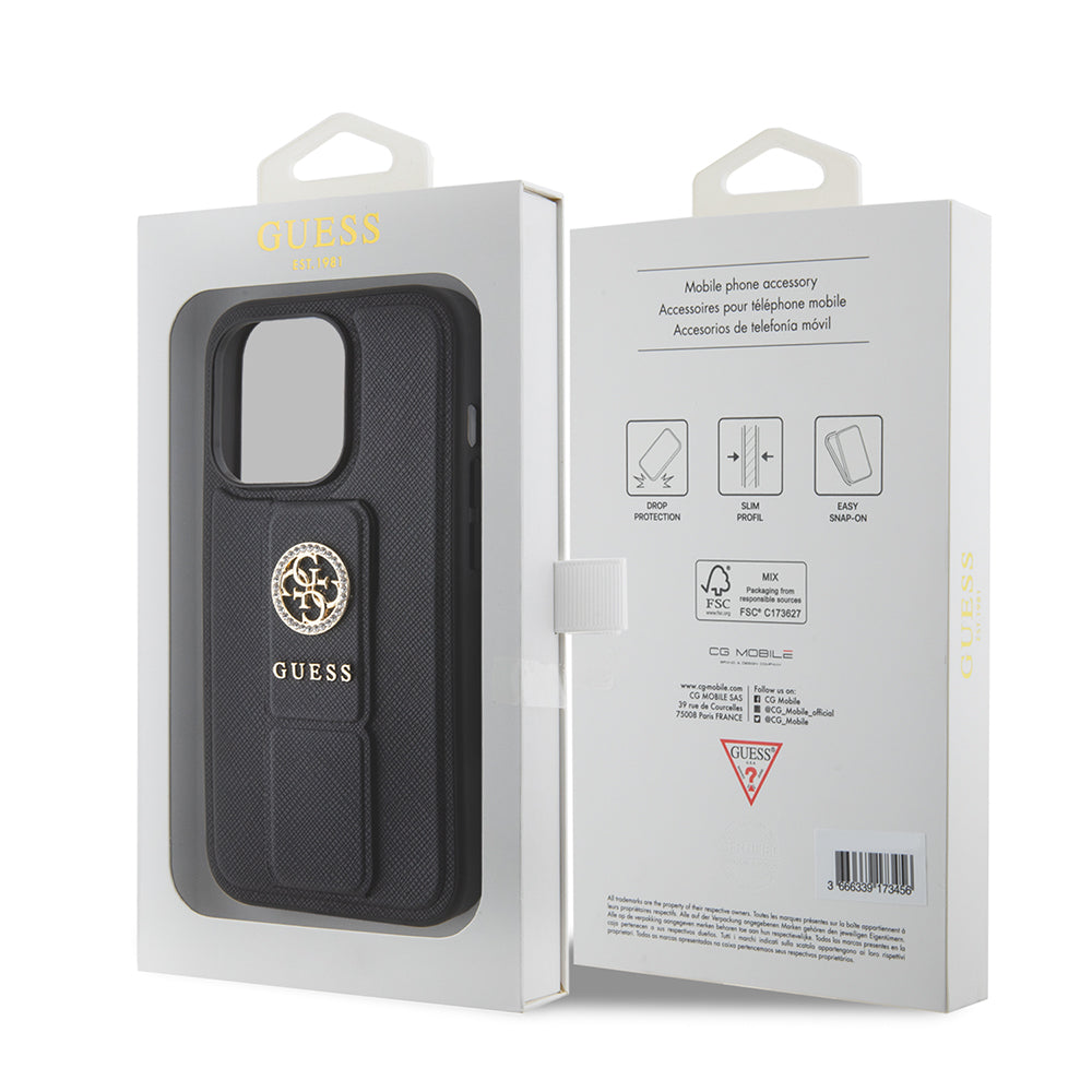 Étui pour Apple iPhone 15 Pro Max, Guess, Grip Stand 4G Saffiano Strass, Noir