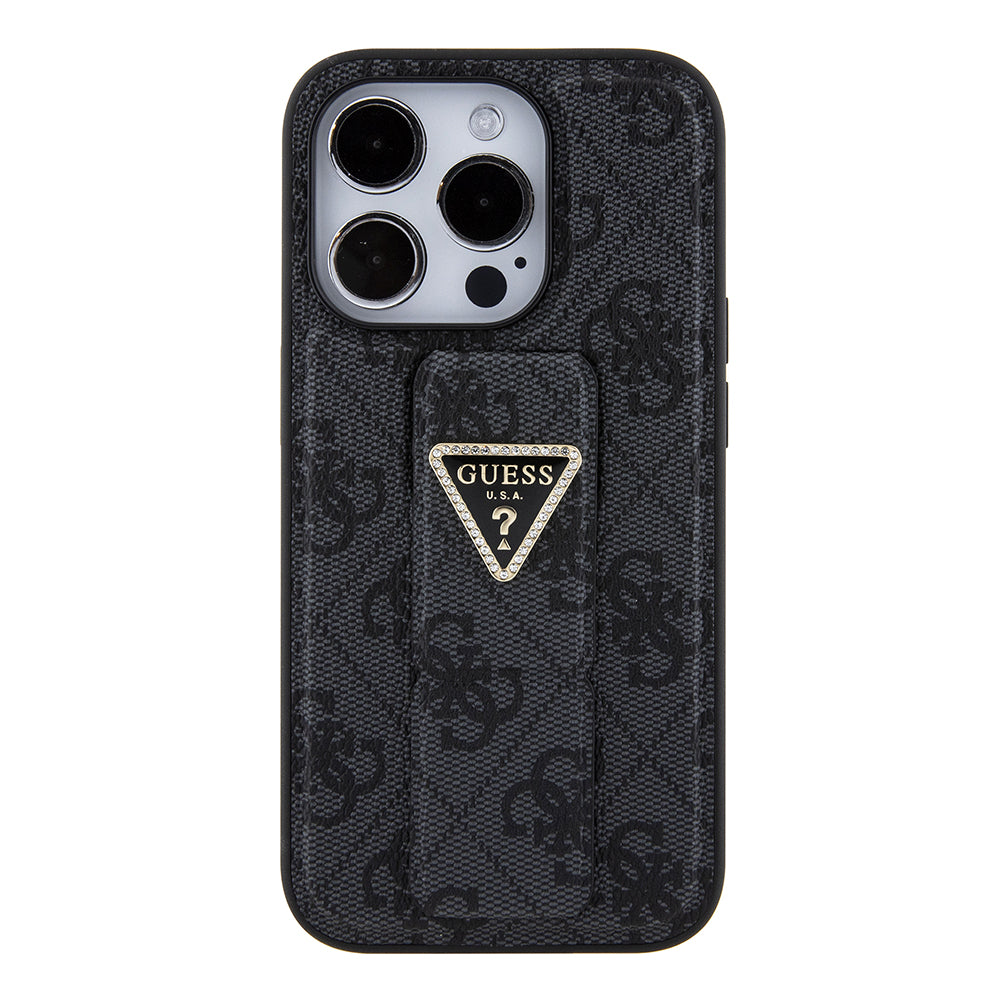 Étui pour Apple iPhone 15 Pro Max, Guess, Grip Stand 4G Triangle Strass, Noir