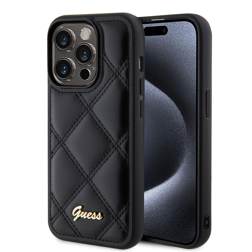 Étui pour Apple iPhone 15 Pro Max, Guess, Logo Métallique Matelassé, Noir