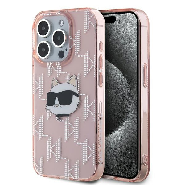 Étui pour Apple iPhone 15 Pro Max, Karl Lagerfeld, IML Luxury Monogram Choupette's Head, Rose
