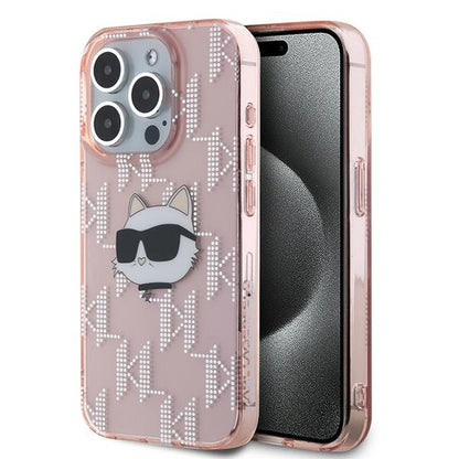 Étui pour Apple iPhone 15 Pro Max, Karl Lagerfeld, IML Luxury Monogram Choupette's Head, Rose