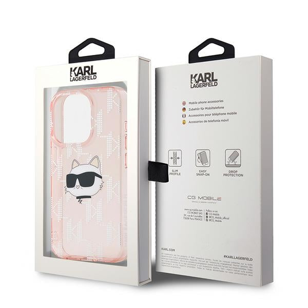 Étui pour Apple iPhone 15 Pro Max, Karl Lagerfeld, IML Luxury Monogram Choupette's Head, Rose