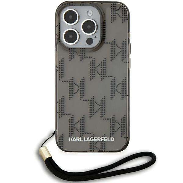 Étui pour Apple iPhone 15 Pro Max, Karl Lagerfeld, Monogramme de Luxe IML KL avec Sangle, Noir