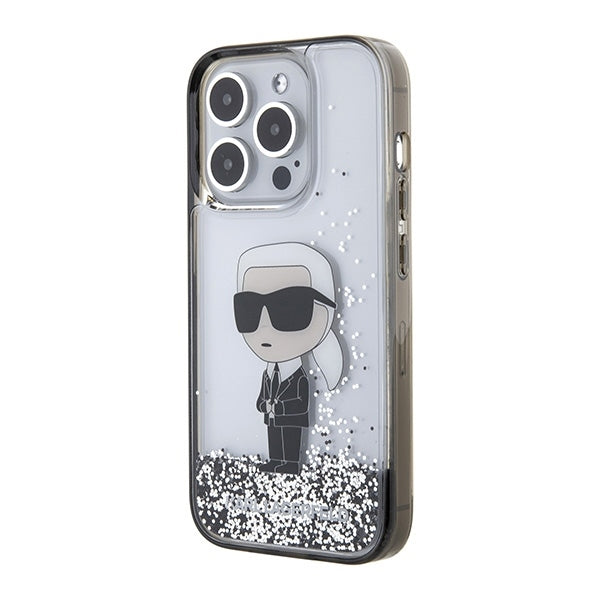 Étui pour Apple iPhone 15 Pro Max, Karl Lagerfeld, Liquid Glitter Ikonik Karl, Transparent