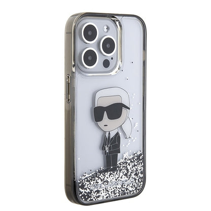 Étui pour Apple iPhone 15 Pro Max, Karl Lagerfeld, Liquid Glitter Ikonik Karl, Transparent