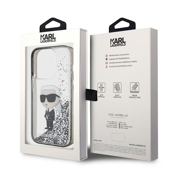 Étui pour Apple iPhone 15 Pro Max, Karl Lagerfeld, Liquid Glitter Ikonik Karl, Transparent