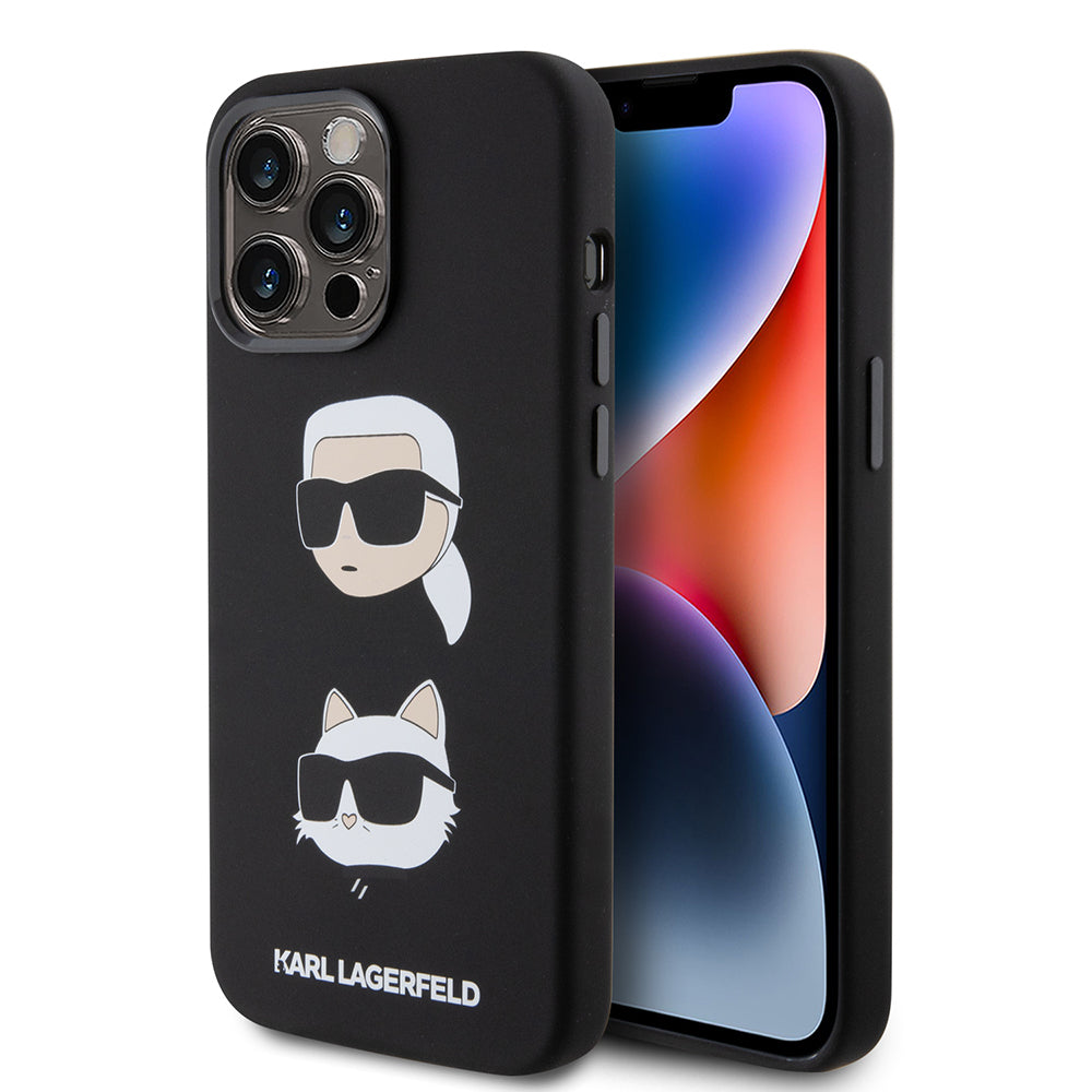 Étui pour Apple iPhone 15 Pro Max, Karl Lagerfeld, Silicone Karl & Choupette Heads, Noir