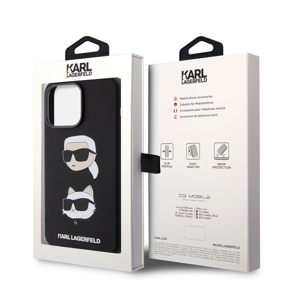 Étui pour Apple iPhone 15 Pro Max, Karl Lagerfeld, Silicone Karl & Choupette Heads, Noir