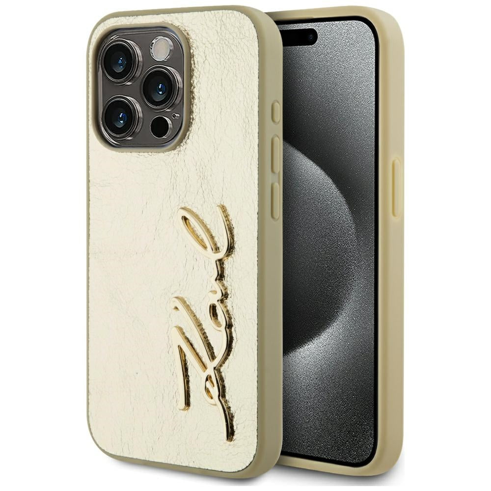 Étui pour Apple iPhone 15 Pro Max, Karl Lagerfeld, Signature Métallique, Doré