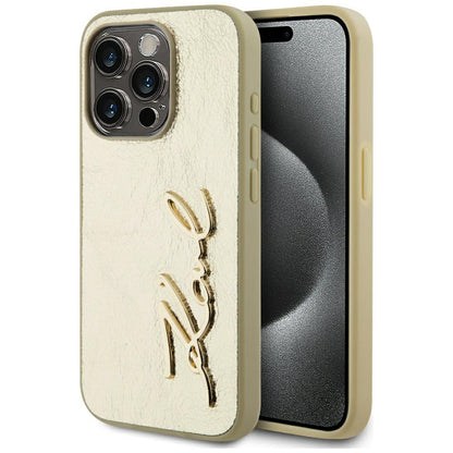 Étui pour Apple iPhone 15 Pro Max, Karl Lagerfeld, Signature Métallique, Doré