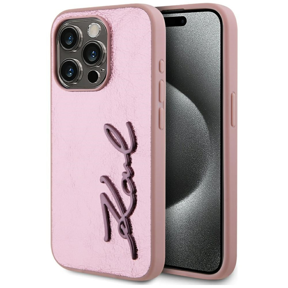 Étui pour Apple iPhone 15 Pro Max, Karl Lagerfeld, Metal Signature, Rose