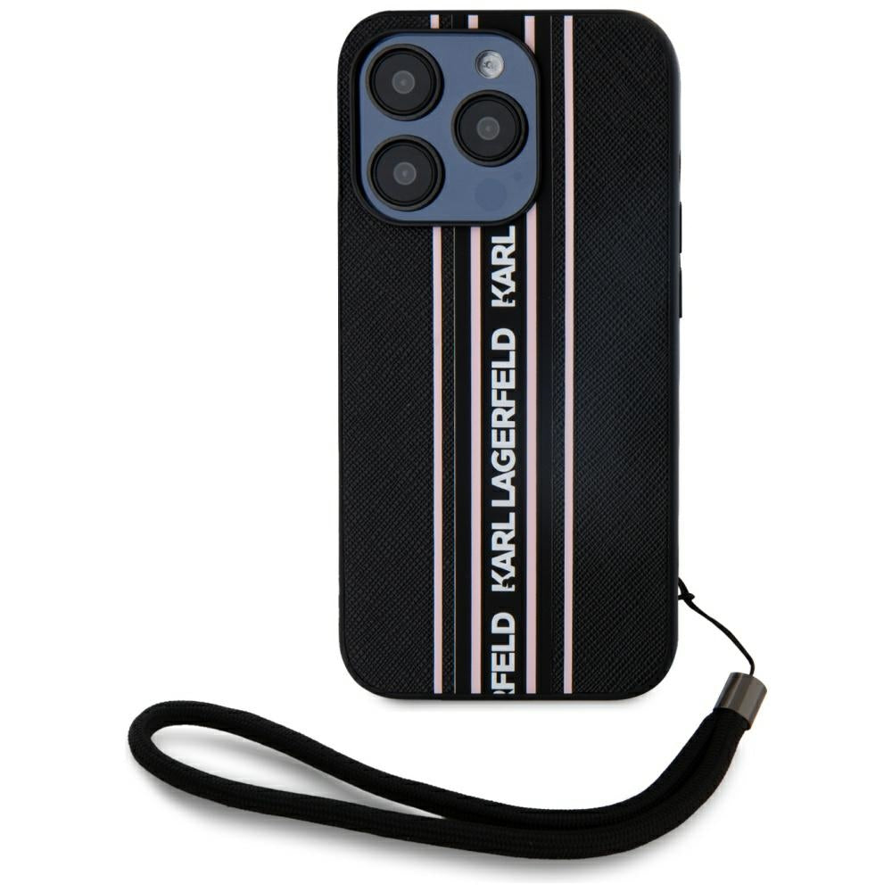 Étui pour Apple iPhone 15 Pro Max, Karl Lagerfeld, Saffiano Athleisure Stripes avec sangle, Rose