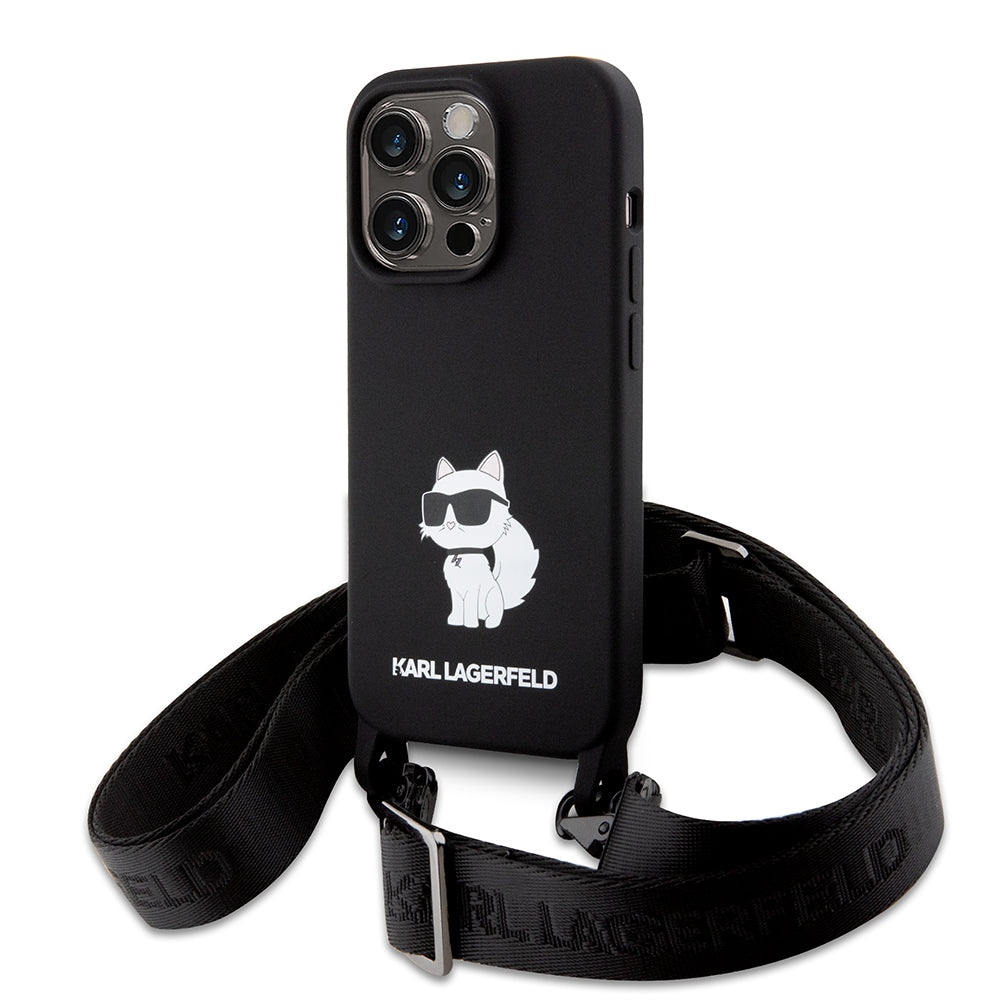Étui pour Apple iPhone 15 Pro Max, Karl Lagerfeld, Silicone Crossbody Ikonik Karl, Noir