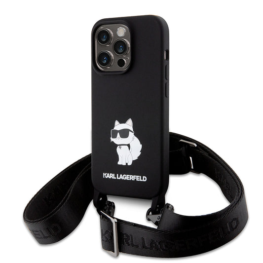 Étui pour Apple iPhone 15 Pro Max, Karl Lagerfeld, Silicone Crossbody Ikonik Karl, Noir