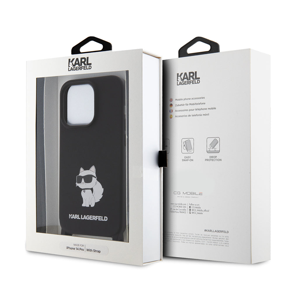 Étui pour Apple iPhone 15 Pro Max, Karl Lagerfeld, Silicone Crossbody Ikonik Karl, Noir