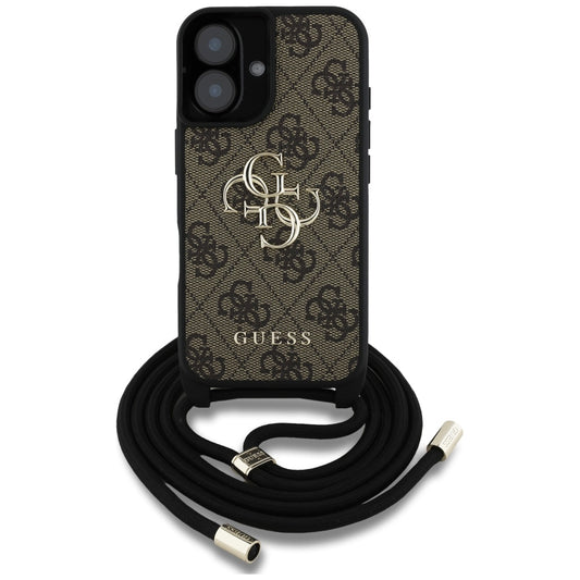 Housse pour Apple iPhone 16, Guess, 4G CBDY Grand Logo avec Bandoulière, Marron