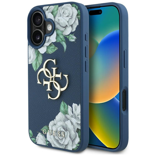 Étui pour Apple iPhone 16, Guess, 4G Grained Roses Big Logo, Bleu