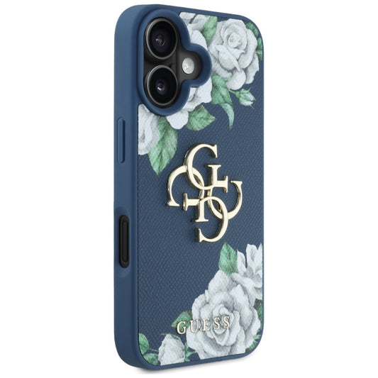 Étui pour Apple iPhone 16, Guess, 4G Grained Roses Big Logo, Bleu