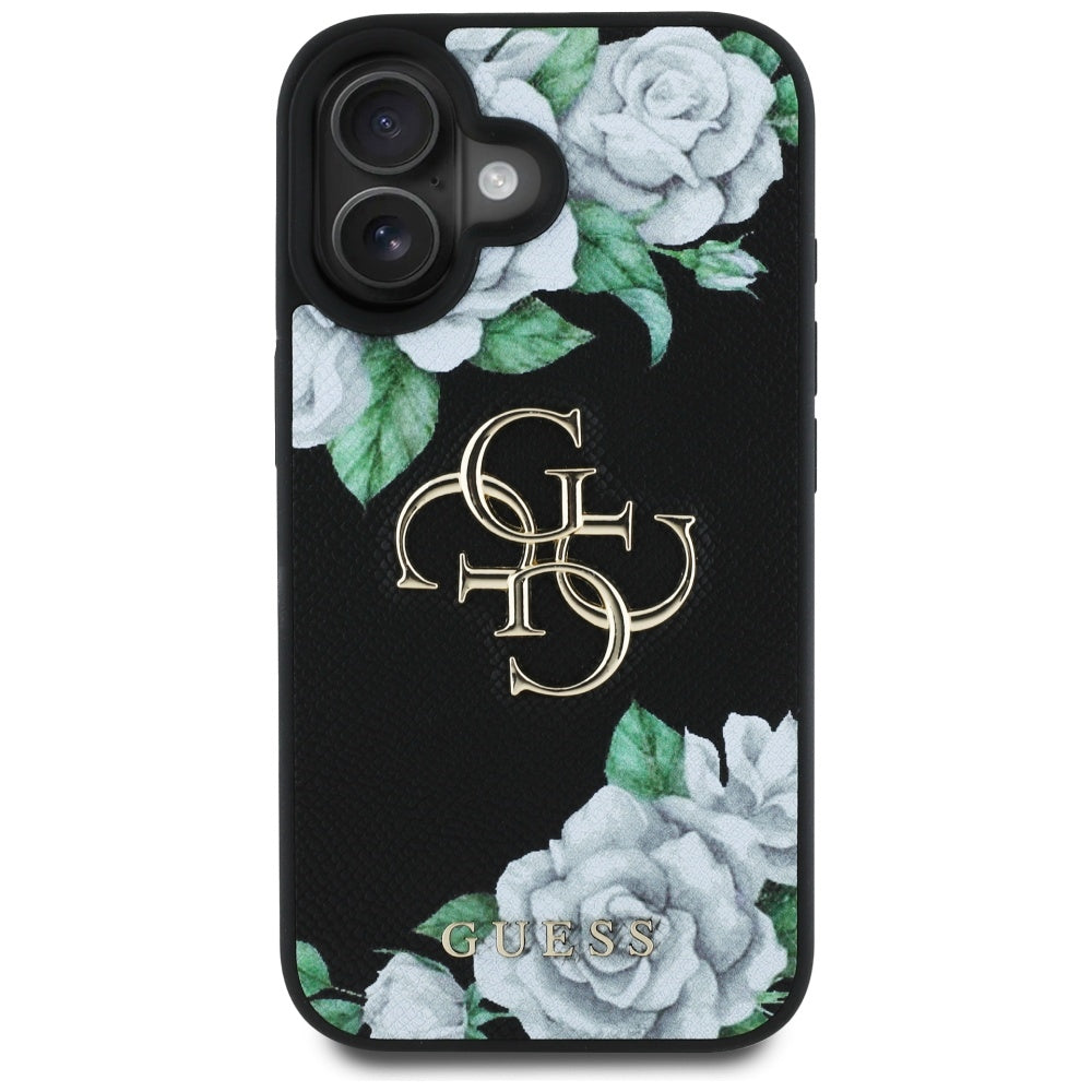 Étui pour Apple iPhone 16, Guess, 4G Grained Roses Big Logo, Noir