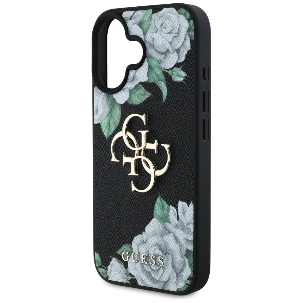 Étui pour Apple iPhone 16, Guess, 4G Grained Roses Big Logo, Noir