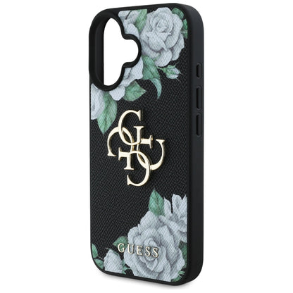 Étui pour Apple iPhone 16, Guess, 4G Grained Roses Big Logo, Noir