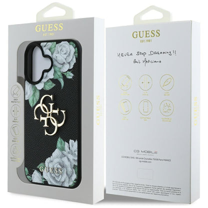 Étui pour Apple iPhone 16, Guess, 4G Grained Roses Big Logo, Noir