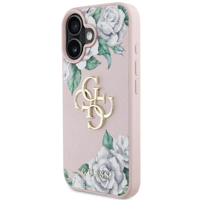 Étui pour Apple iPhone 16, Guess, 4G Grained Roses Big Logo, Rose