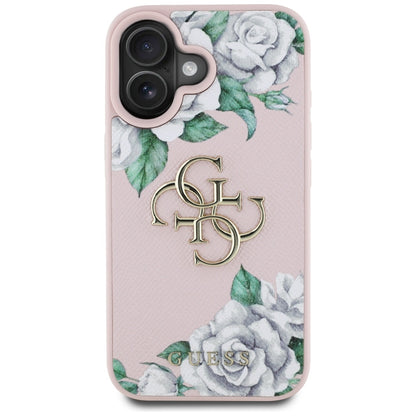 Étui pour Apple iPhone 16, Guess, 4G Grained Roses Big Logo, Rose