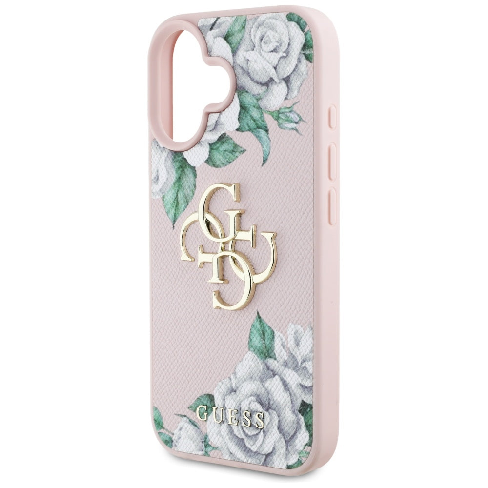 Étui pour Apple iPhone 16, Guess, 4G Grained Roses Big Logo, Rose